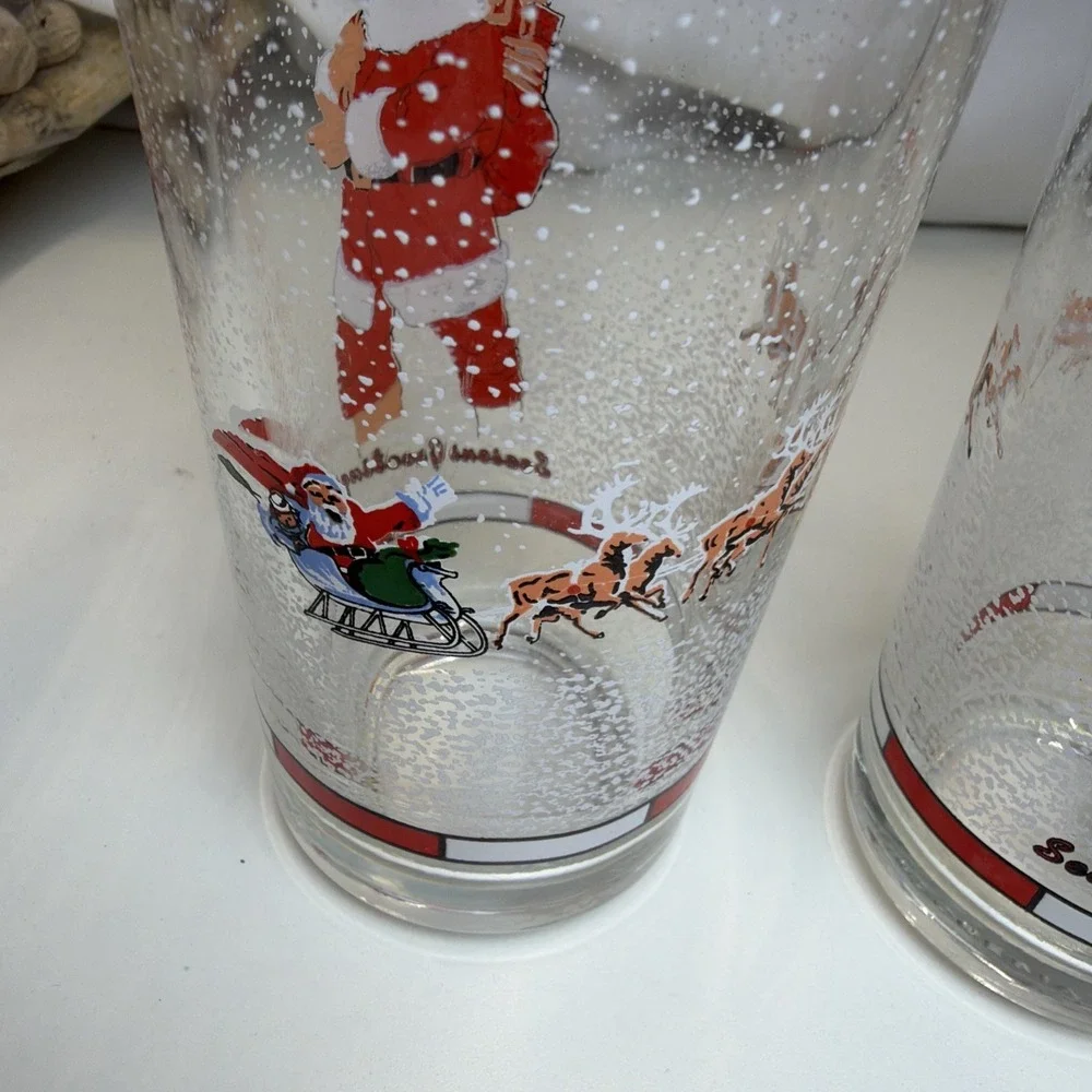 Vintage Firna Drinking Christmas Glass Tumbler Santa Sleigh Reindeers-Set Of 3
